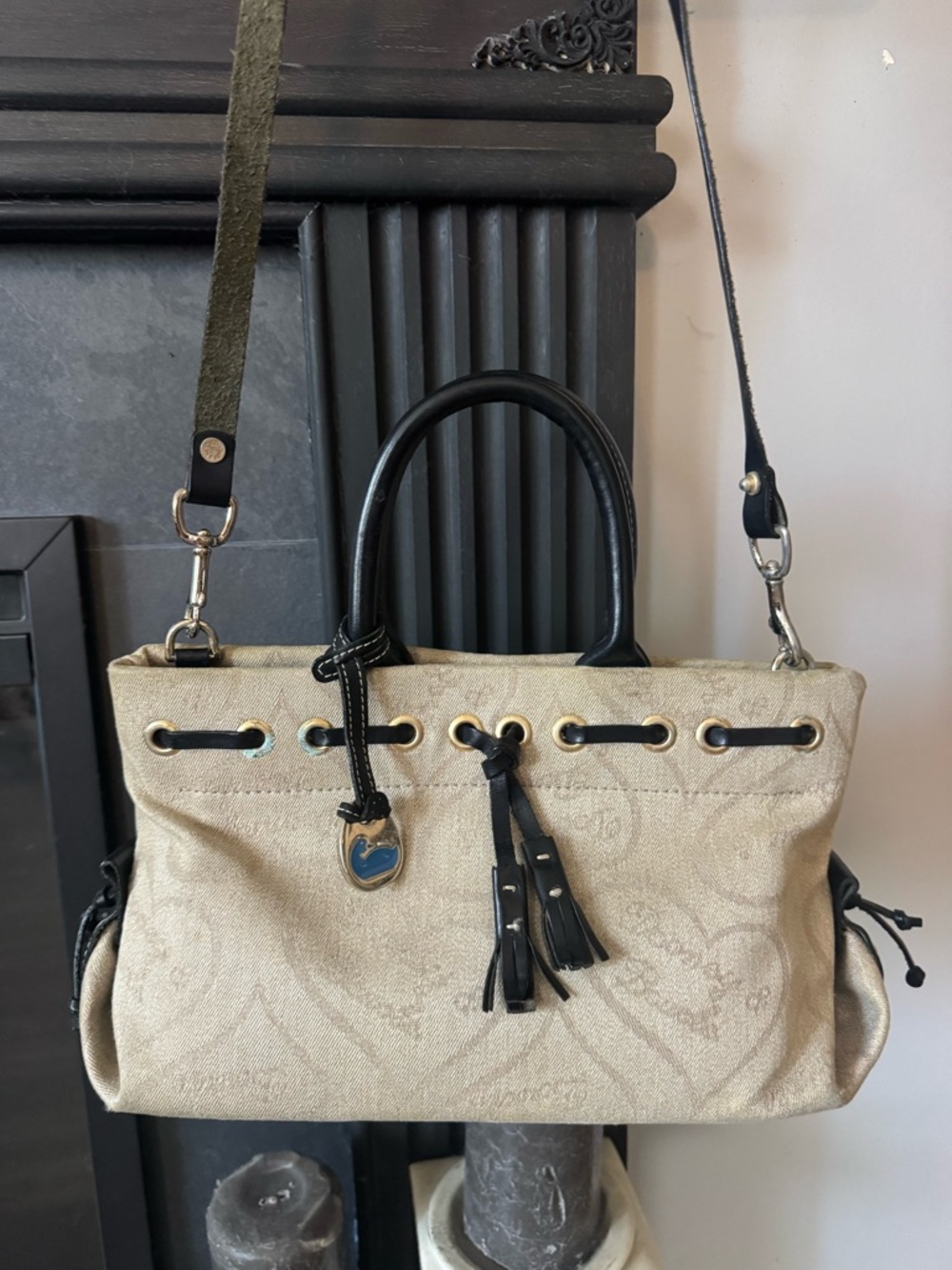 Dooney & Bourke Beige Canvas Crossbody Satchel with Black Trim